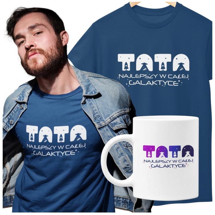 Koszulka dla taty wraz z kubkiem z napisem TATA najlepszy w całej galaktyce t-shirt w kolorze granatowym.jpg