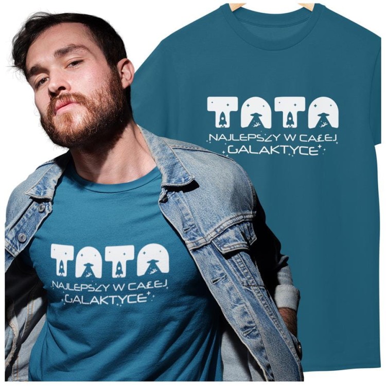 Koszulka dla taty wraz z kubkiem z napisem TATA najlepszy w całej galaktyce t-shirt w kolorze petrol blue  (3).jpg