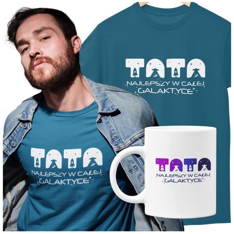Koszulka dla taty wraz z kubkiem z napisem TATA najlepszy w całej galaktyce t-shirt w kolorze petrol blue.jpg