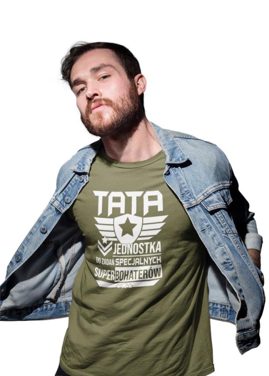 Koszulka dla TATY modny prezent na Dzień Ojca Stylowa koszulka TATA JEDNOSTKA DO ZADAŃ SECJALNYCH SUPERBOHATERÓW kolor khaki.jpg