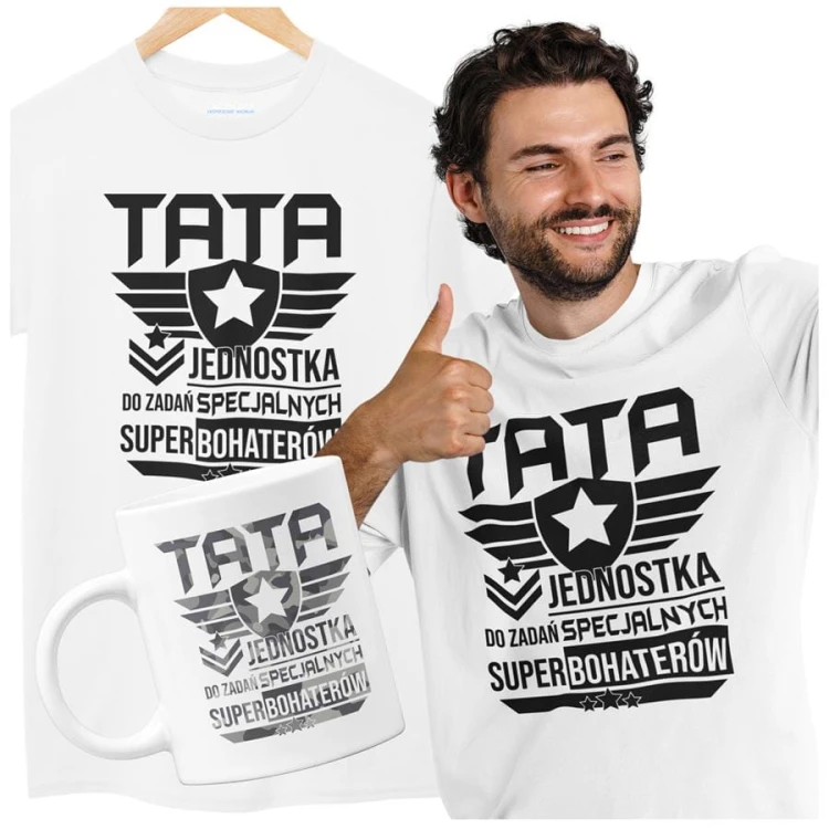 Koszulka dla taty wraz z kubkiem z nadrukiem Tata jednostka do zadań specjalnych super bohaterów t-shirt w kolorze białym (2).jpg