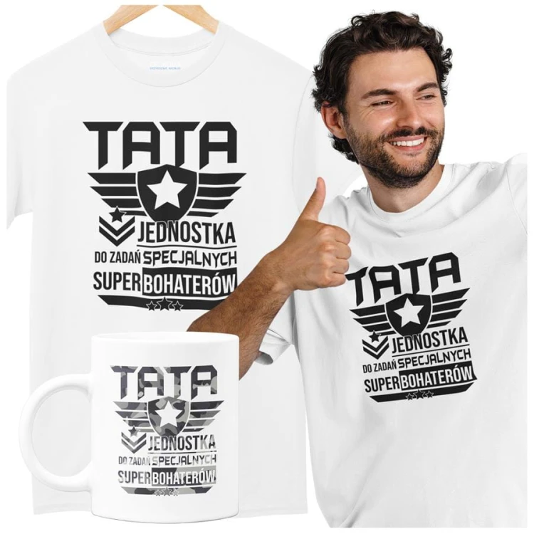 Koszulka dla taty wraz z kubkiem z nadrukiem Tata jednostka do zadań specjalnych super bohaterów t-shirt w kolorze białym.jpg