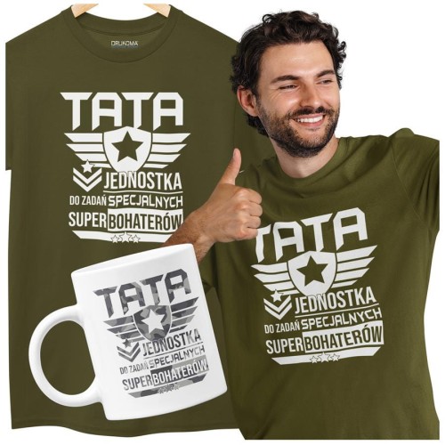 Koszulka dla taty wraz z kubkiem z nadrukiem Tata jednostka do zadań specjalnych super bohaterów t-shirt w kolorze kaki (3).jpg
