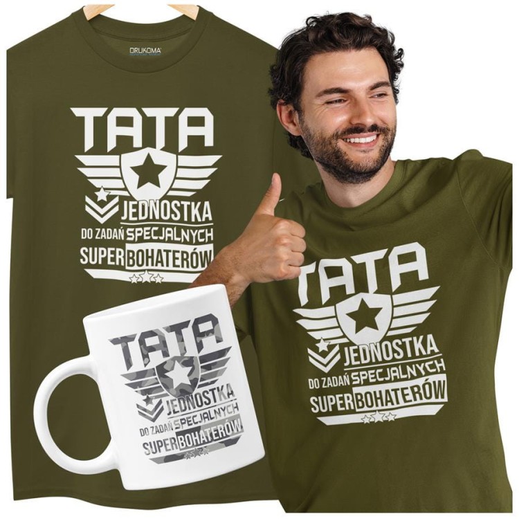 Koszulka dla taty wraz z kubkiem z nadrukiem Tata jednostka do zadań specjalnych super bohaterów t-shirt w kolorze kaki (3).jpg