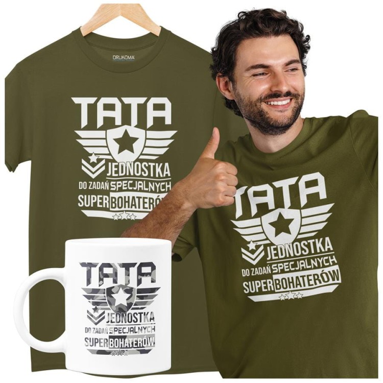 Koszulka dla taty wraz z kubkiem z nadrukiem Tata jednostka do zadań specjalnych super bohaterów t-shirt w kolorze kaki.jpg
