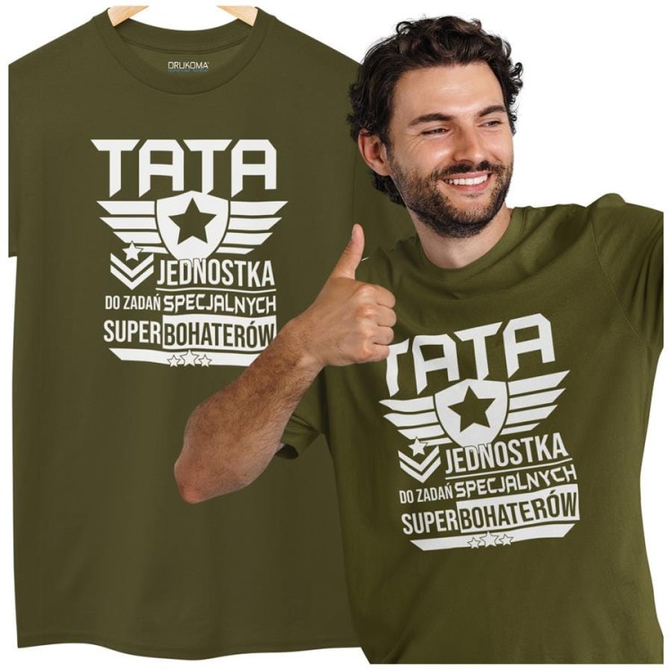 Koszulka dla taty wraz z kubkiem z nadrukiem Tata jednostka do zadań specjalnych super bohaterów t-shirt w kolorze kaki (2).jpg