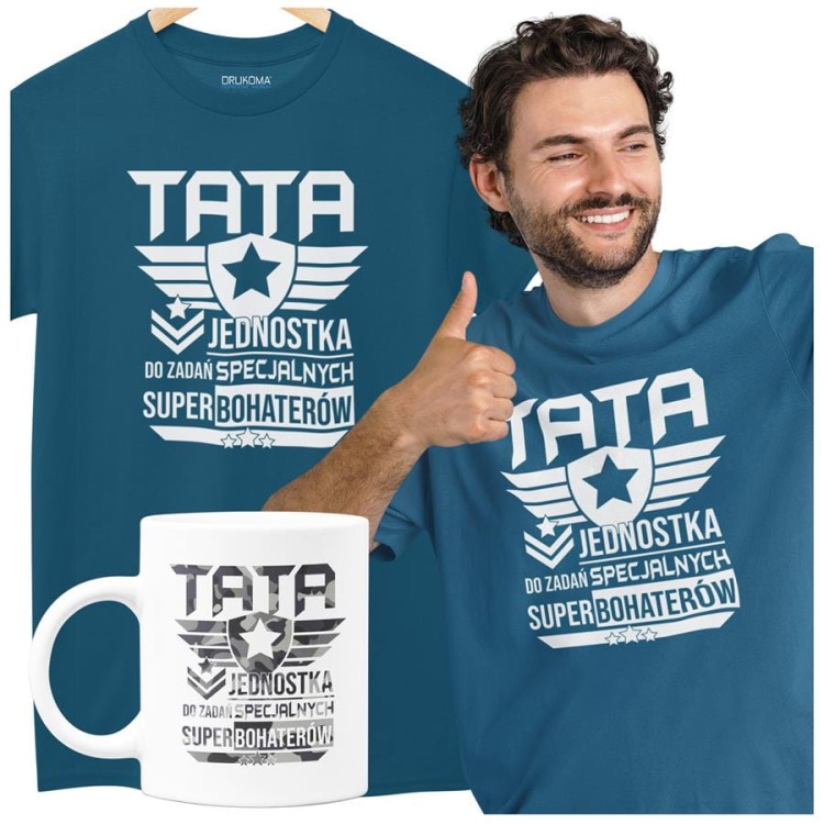 Koszulka dla taty wraz z kubkiem z nadrukiem Tata jednostka do zadań specjalnych super bohaterów t-shirt w kolorze petrol blue.jpg