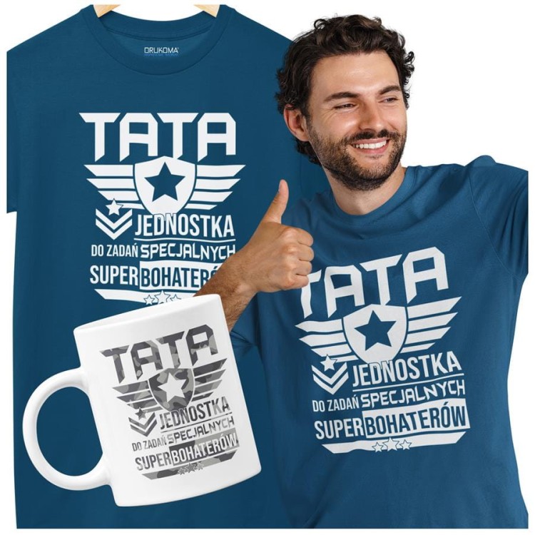 Koszulka dla taty wraz z kubkiem z nadrukiem Tata jednostka do zadań specjalnych super bohaterów t-shirt w kolorze petrol blue (3).jpg