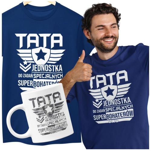 Koszulka dla taty wraz z kubkiem z nadrukiem Tata jednostka do zadań specjalnych super bohaterów t-shirt w kolorze granatowy (3).jpg