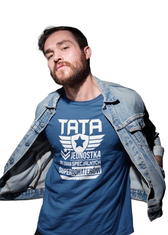 Koszulka dla taty wraz z kubkiem z nadrukiem Tata jednostka do zadań specjalnych super bohaterów t-shirt w kolorze granatowy.jpg