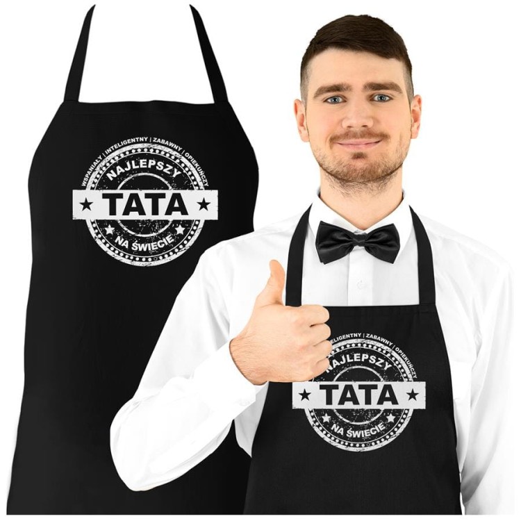 Fartuch dla Taty na prezent na Dzień Ojca z napisem "WSPANIAŁY | INTELIGENTNY | ZABAWNY | OPIEKUŃCZY Najlepszy Tata na świecie"