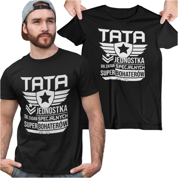 Koszulka z imieniem na plecach dla TATY modny prezent na Dzień Ojca Stylowa koszulka z napisem TATA JEDNOSTKA DO ZADAŃ SECJALNYCH SUPERBOHATERÓW kolor czarny (2).jpg