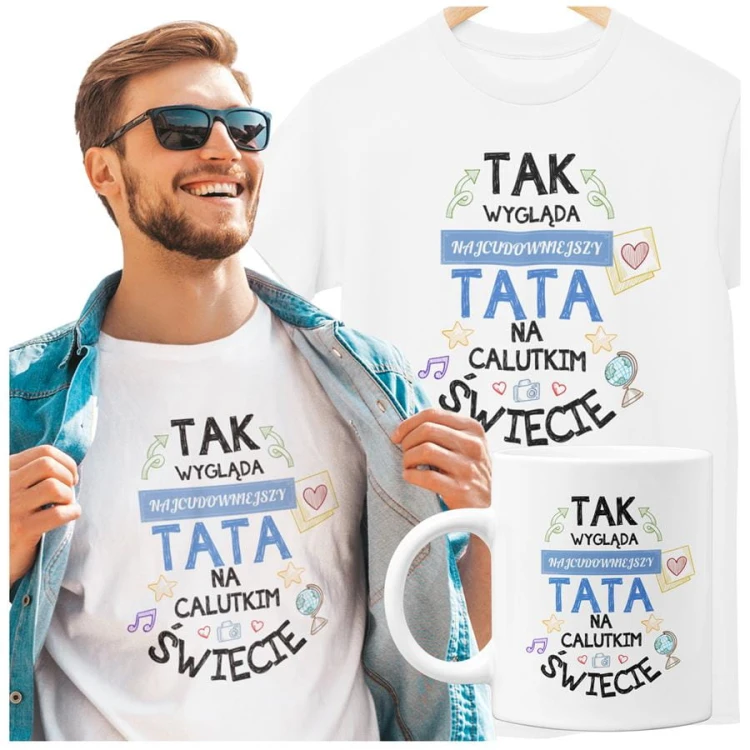 Koszulka dla taty wraz z kubkiem z nadrukiem Tak wygląda najcudowniejszy tata na calutkim świecie biały (1).jpg