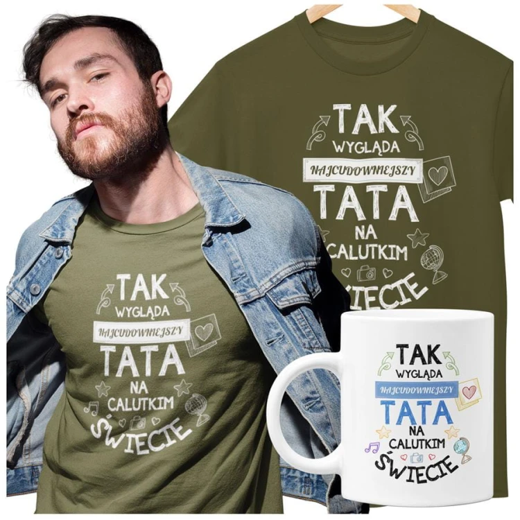 Koszulka dla taty wraz z kubkiem z nadrukiem Tak wygląda najcudowniejszy tata na calutkim świecie khaki.jpg