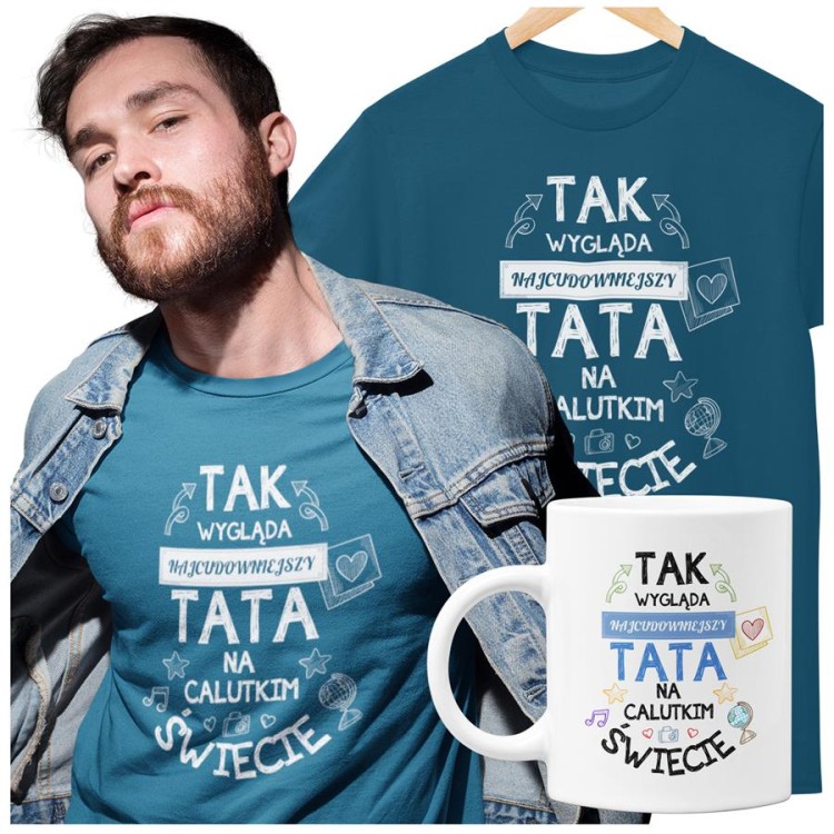 Koszulka dla taty wraz z kubkiem z nadrukiem Tak wygląda najcudowniejszy tata na calutkim świecie petrol blue.jpg
