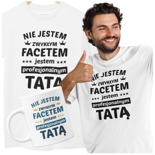 Koszulka dla taty wraz z kubkiem z nadrukiem Nie jestem zwykłym facetem jestem profesjonalnym tatą w kolorze białym (1).jpg