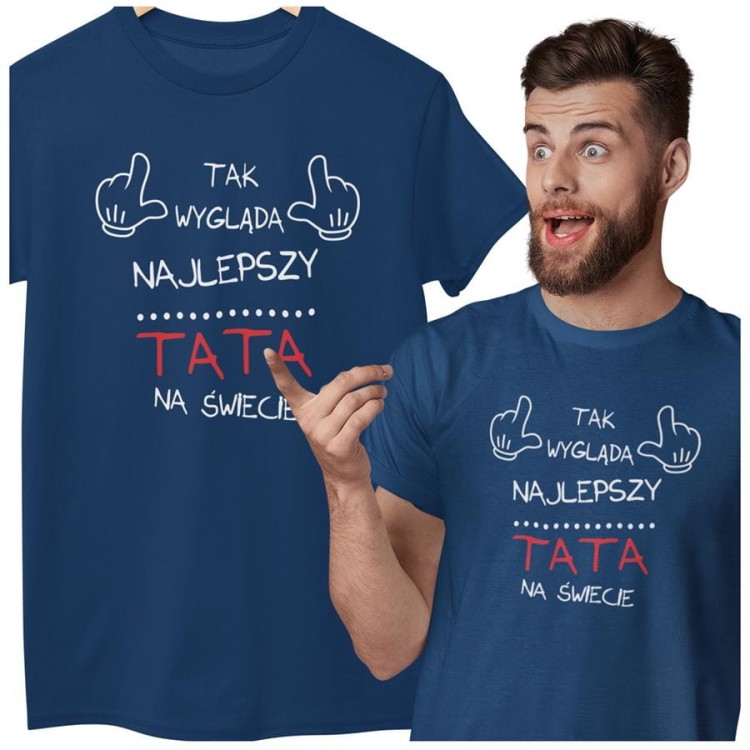 Koszulka dla taty wraz z kubkiem z nadrukiem Tak wygląda najlepszy TATA na świecie t-shirt w kolorze granatowym (3).jpg