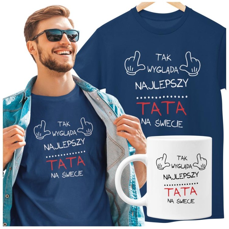 Koszulka dla taty wraz z kubkiem z nadrukiem Tak wygląda najlepszy TATA na świecie t-shirt w kolorze granatowym (2).jpg