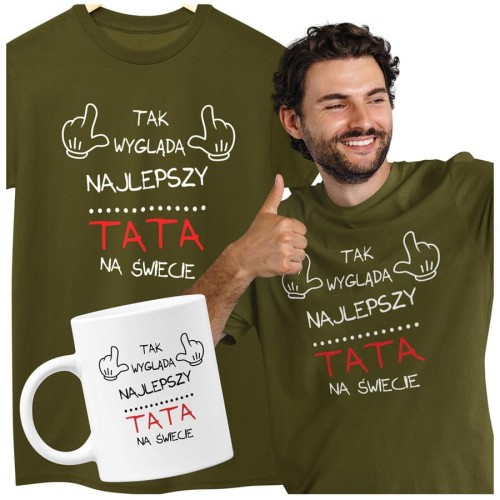 Koszulka dla taty wraz z kubkiem z nadrukiem Tak wygląda najlepszy TATA na świecie t-shirt w kolorze khaki (4).jpg