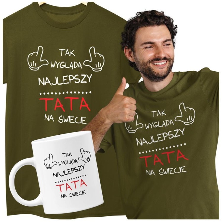 Koszulka dla taty wraz z kubkiem z nadrukiem Tak wygląda najlepszy TATA na świecie t-shirt w kolorze khaki (4).jpg
