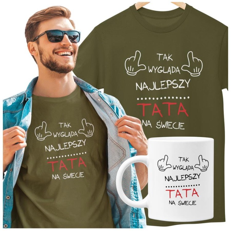 Koszulka dla taty wraz z kubkiem z nadrukiem Tak wygląda najlepszy TATA na świecie t-shirt w kolorze khaki (2).jpg