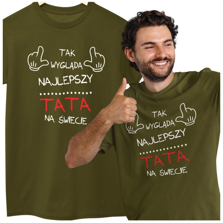 Koszulka dla taty wraz z kubkiem z nadrukiem Tak wygląda najlepszy TATA na świecie t-shirt w kolorze khaki (2).jpg