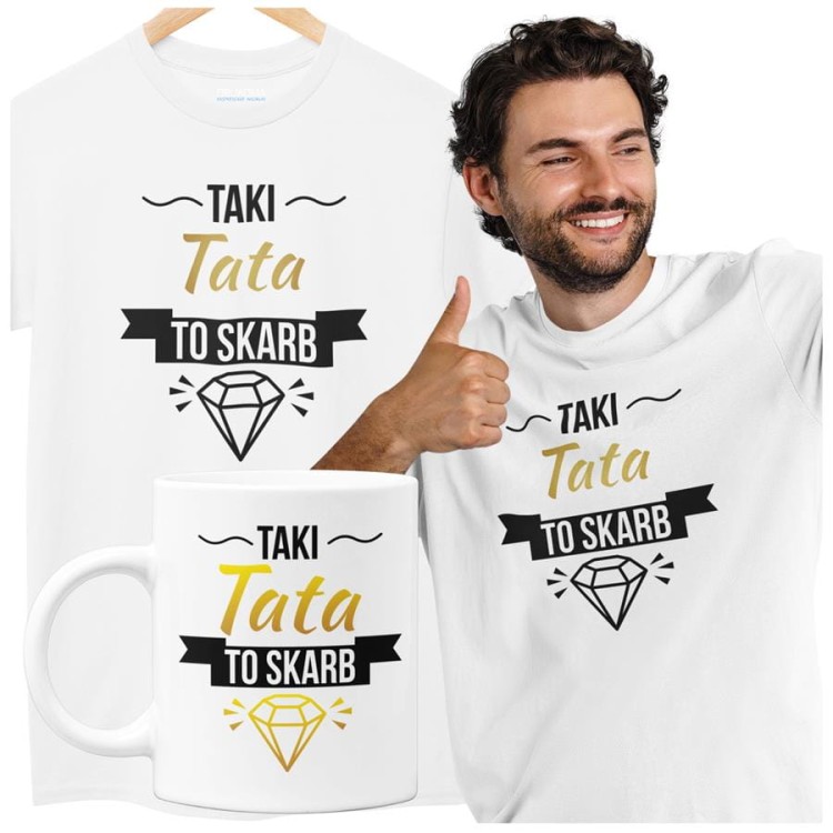 Koszulka dla taty wraz z kubkiem z nadrukiem Taki tata to skarb t-shirt w kolorze białym.jpg