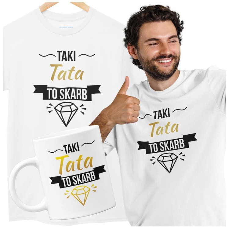 Koszulka dla taty wraz z kubkiem z nadrukiem Taki tata to skarb t-shirt w kolorze białym (2).jpg