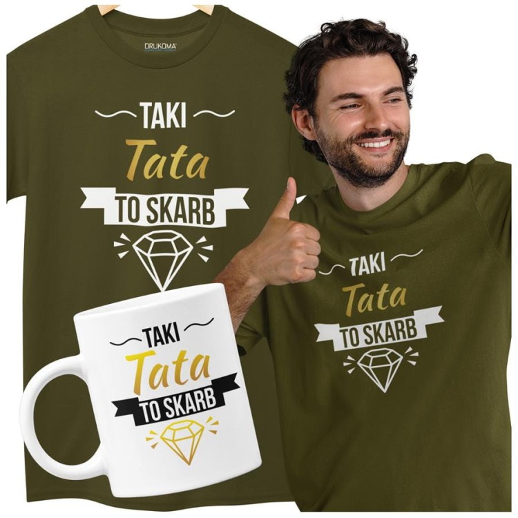 Koszulka dla taty wraz z kubkiem z nadrukiem Taki tata to skarb t-shirt w kolorze khaki (1).jpg