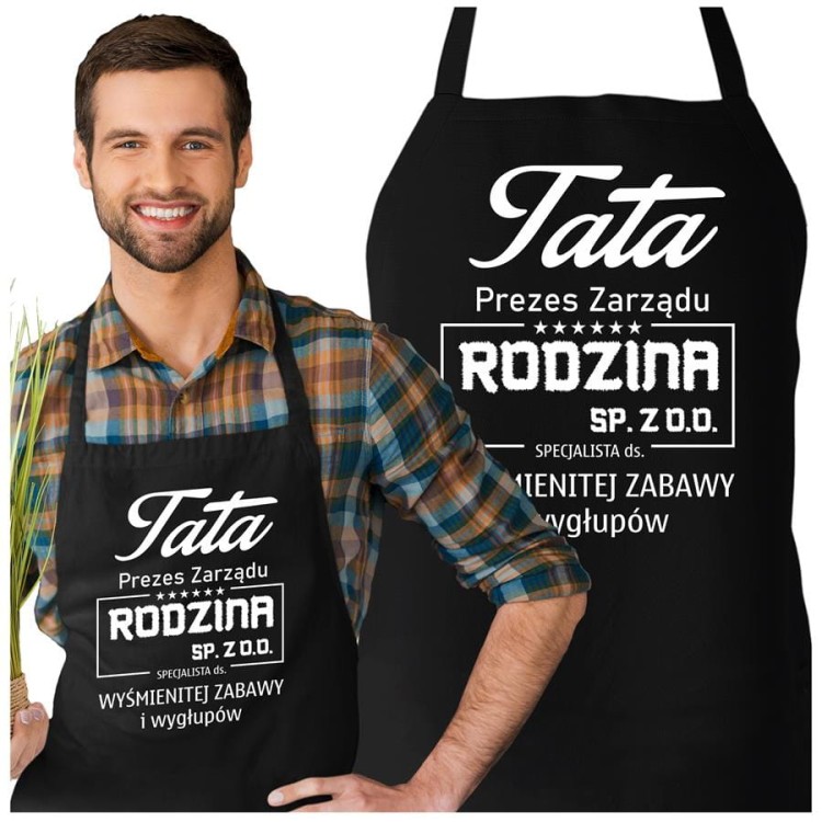 Fartuch Kuchenny dla Taty z nadrukiem Tata Prezes Zarządu Rodzina sp. z o.o., specjalista ds. wyśmienitej zabawy i wygłupów Upominek Grill Dzień Ojca.jpg