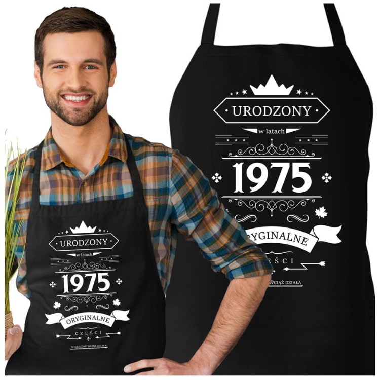 Fartuch na 50 urodziny prezent urodzinowy z napisem Urodzony w latach 1975 oryginalne części większość wciąż działa (1).jpg