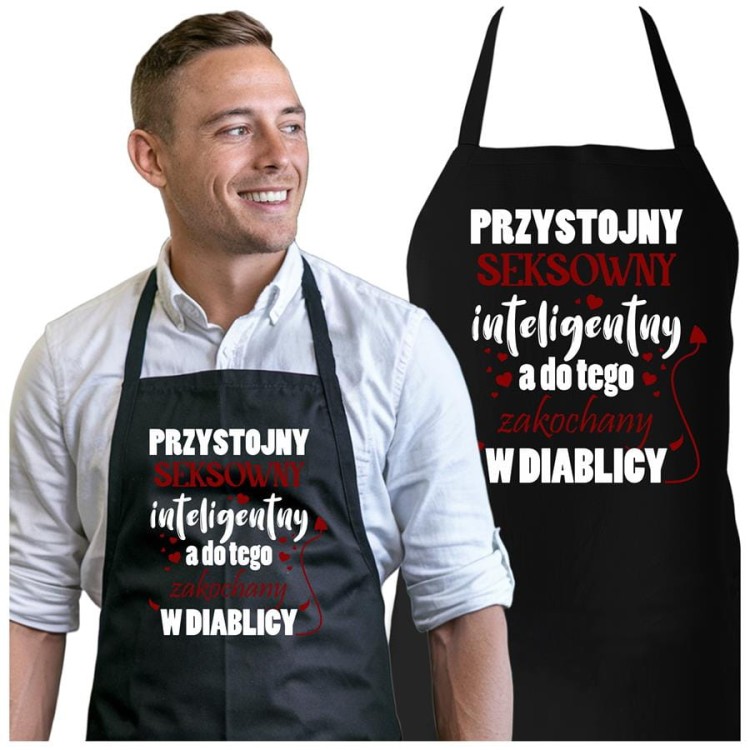 FARTUCH DLA CHŁOPAKA MĘŻA PREZENT NA WALENTYNKI z napisem Przystojny, seksowny, inteligentny, a do tego zakochany w diablicy (1).jpg