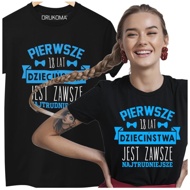 Koszulka damska dla kobiety na urodziny prezent na OSIEMNASTKĘ Pierwsze 18 lat dzieciństwa jest zawsze najtrudniejsze.  (4).jpg