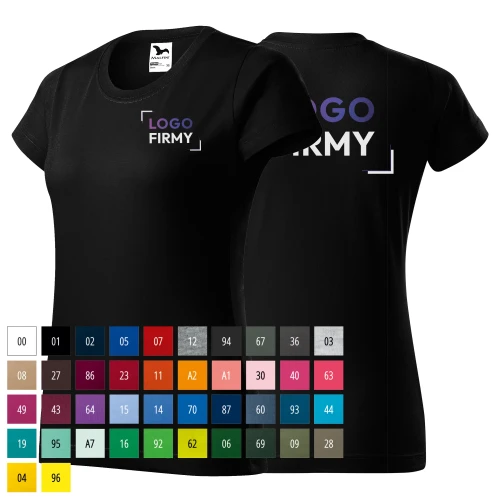 Koszulka czarna z krótkim rękawem z logo na sercu i plecach damska z nadrukiem logo firmy 160g BASIC134 koszulka krótki.webp