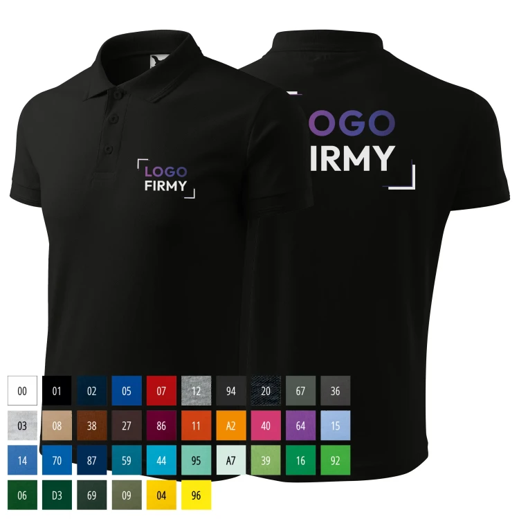 Koszulka czarna polo z logo na sercu i plecach męska z nadrukiem logo firmy 200g 203 koszulka polo WSZYSTKIE KOLORY.webp