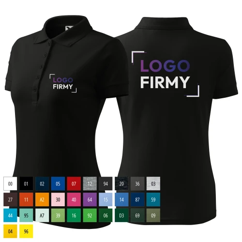 Koszulka czarna polo z logo na sercu i plecach damska z nadrukiem logo firmy 200g 210 koszulka polo WSZYSTKIE KOLORY.webp