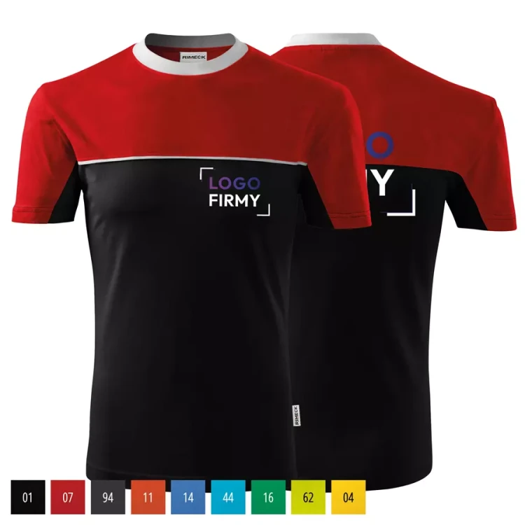 Koszulka unisex 200g Single Jersey dwukolorowy wzór Colormix109 z logo własnym nadrukiem na sercu i plecach odzież reklamowa WSZYSTKIE KOLORY (3).webp