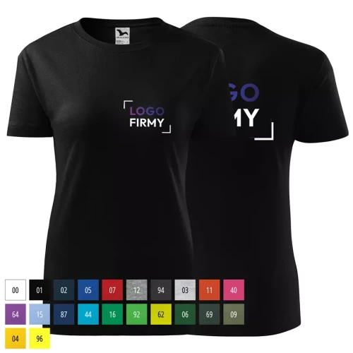 Koszulka damska 145g Classic New 133 z logo własnym nadrukiem na sercu i plecach odzież reklamowa WSZYSTKIE KOLORY (1).webp