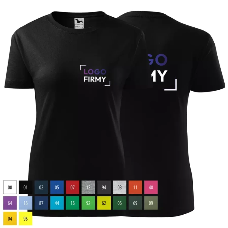 Koszulka damska 145g Classic New 133 z logo własnym nadrukiem na sercu i plecach odzież reklamowa WSZYSTKIE KOLORY (1).webp