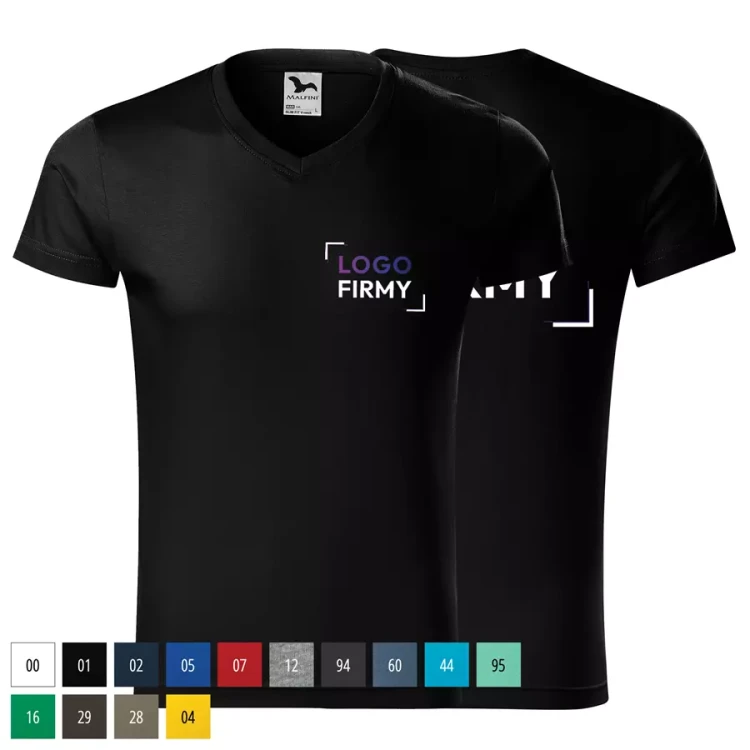 Koszulka męska 180g Slim Fit V-neck 146 z logo własnym nadrukiem na sercu i plecach odzież reklamowa WSZYSTKIE KOLORY (2).webp