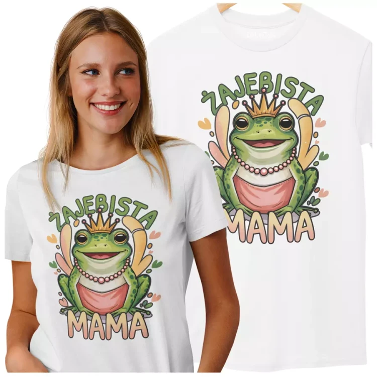 KOSZULKA dla Mamy na Dzień Matki z żabą z napisem ŻAJEBISTA MAMA kolor biały (3).webp