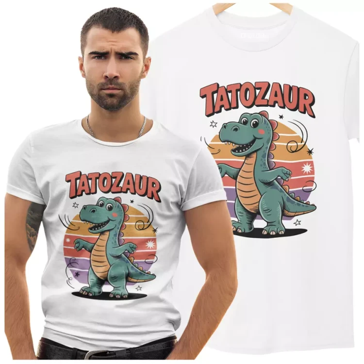 KOSZULKA dla Taty z dinozaurem na Dzień Ojca z napisem Tatozaur biały (2).webp