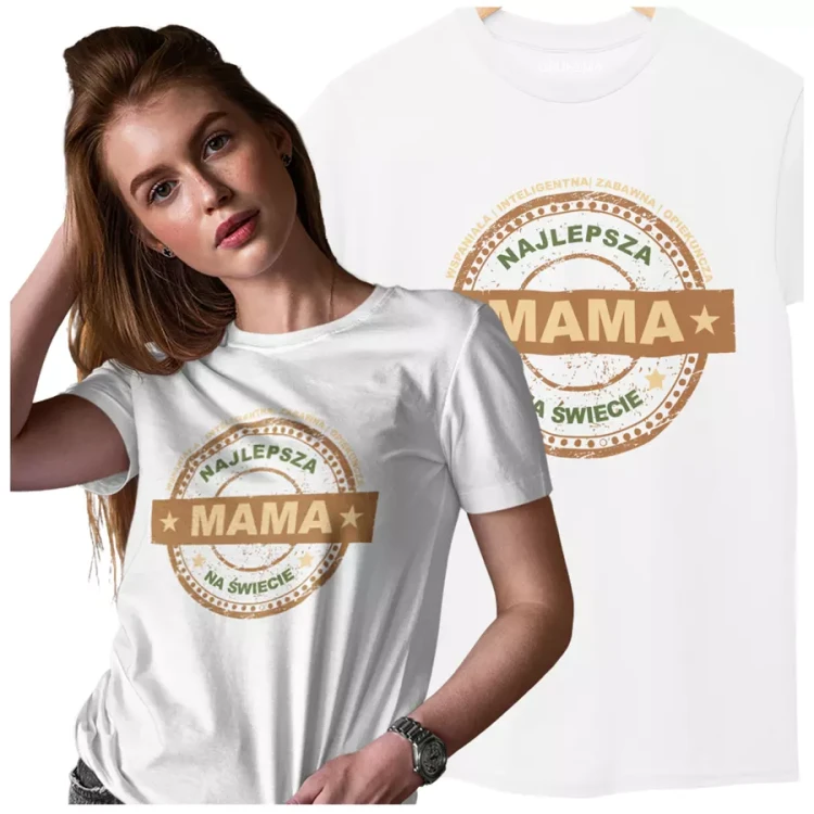 KOSZULKA dla Mamy Z KOLOROWYM NADRUKIEM na Dzień Matki WSPANIAŁA  INTELIGENTNA  ZABAWNA  OPIEKUŃCZA Najlepsza Mama na świecie kolor biały (4).webp