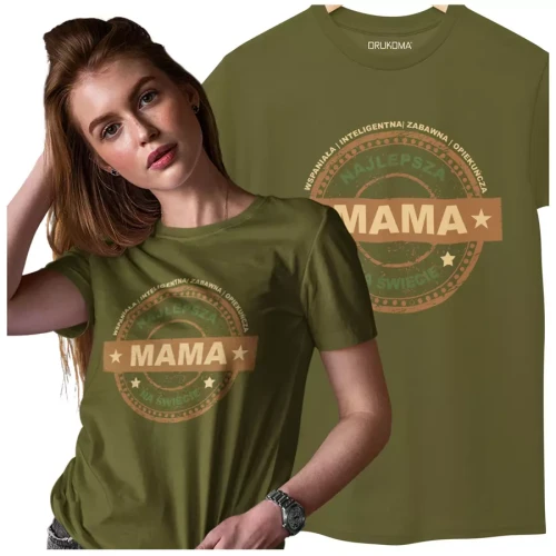 KOSZULKA dla Mamy Z KOLOROWYM NADRUKIEM na Dzień Matki WSPANIAŁA  INTELIGENTNA  ZABAWNA  OPIEKUŃCZA Najlepsza Mama na świecie kolor khaki (2).webp