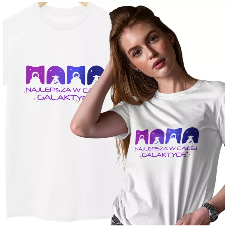 KOSZULKA dla Mamy Z KOLOROWYM NADRUKIEM na Dzień Matki MAMA najlepsza w całej galaktyce kolor biały (2).webp