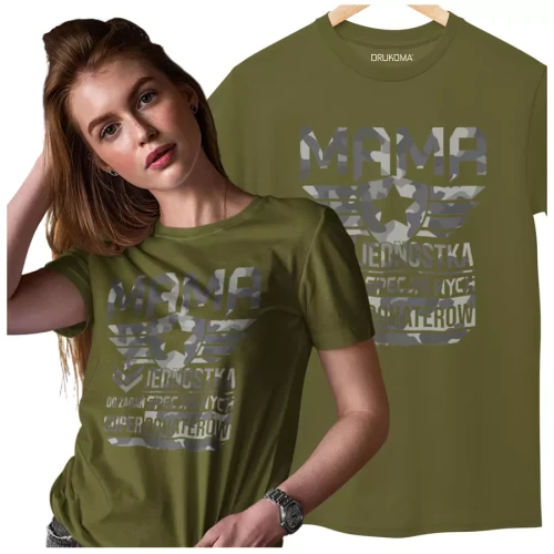 KOSZULKA dla Mamy Z KOLOROWYM NADRUKIEM na Dzień Matki MAMA jednostka do zadań specjalnych super bohaterów kolor khaki (7).webp
