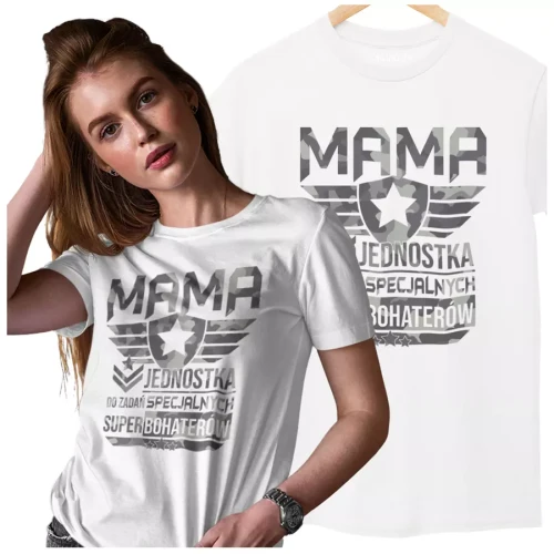 KOSZULKA dla Mamy Z KOLOROWYM NADRUKIEM na Dzień Matki MAMA jednostka do zadań specjalnych super bohaterów kolor biały (1).webp