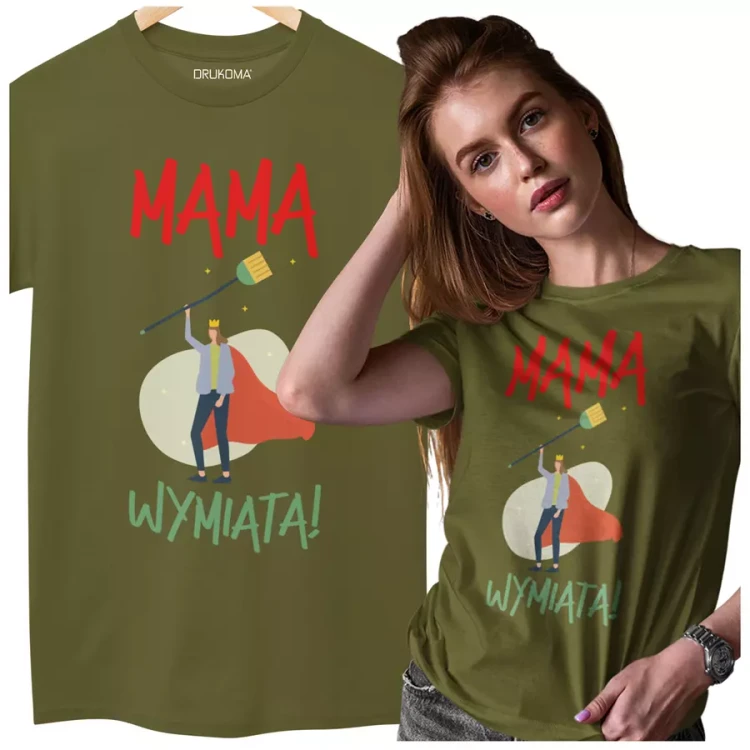 KOSZULKA dla Mamy Z KOLOROWYM NADRUKIEM na Dzień Matki MAMA WYMIATA! kolor khaki (5).webp