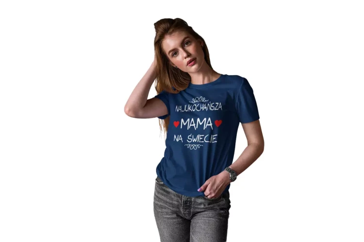 Koszulka dla Mamy na Dzień Mamy z nadrukiem Najukochańsza mama na świecie kolor granatowy (1).webp