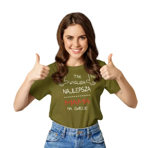 Koszulka dla Mamy na Dzień Mamy prezent na urodziny Mama - Tak wygląda najlepsza Mama na Świecie kolor khaki.webp
